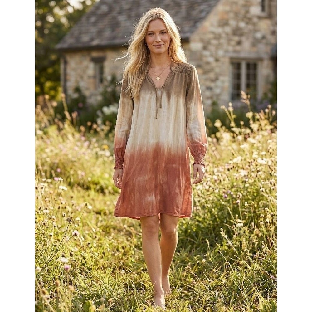 Bella Dahl Smoked Yoke Tunic Boho Dress Flax Henna Ombre Women M 100% Tencel